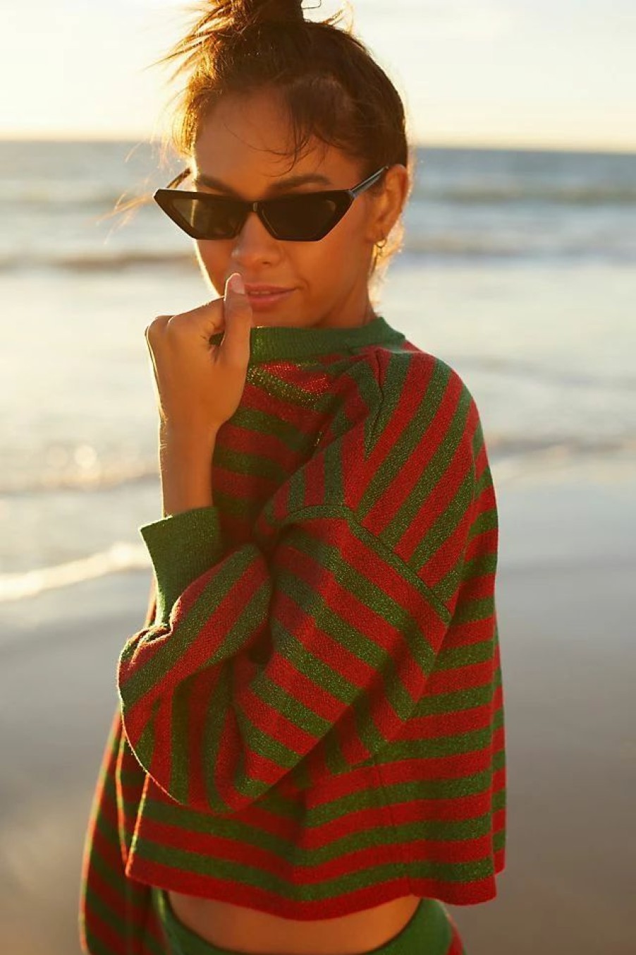 * Best Sale Beach Riot Ava Holiday Glitter Stripe Sweater Dark Red | Cover-Ups