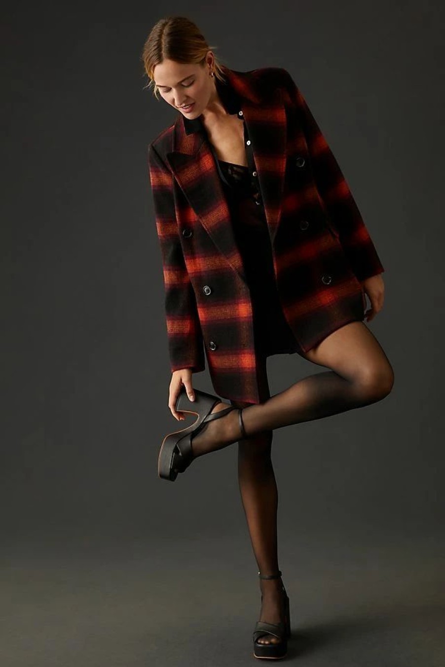 * Wholesale Avec Les Filles Double-Breasted Plaid Blazer Dark Orange | Blazers