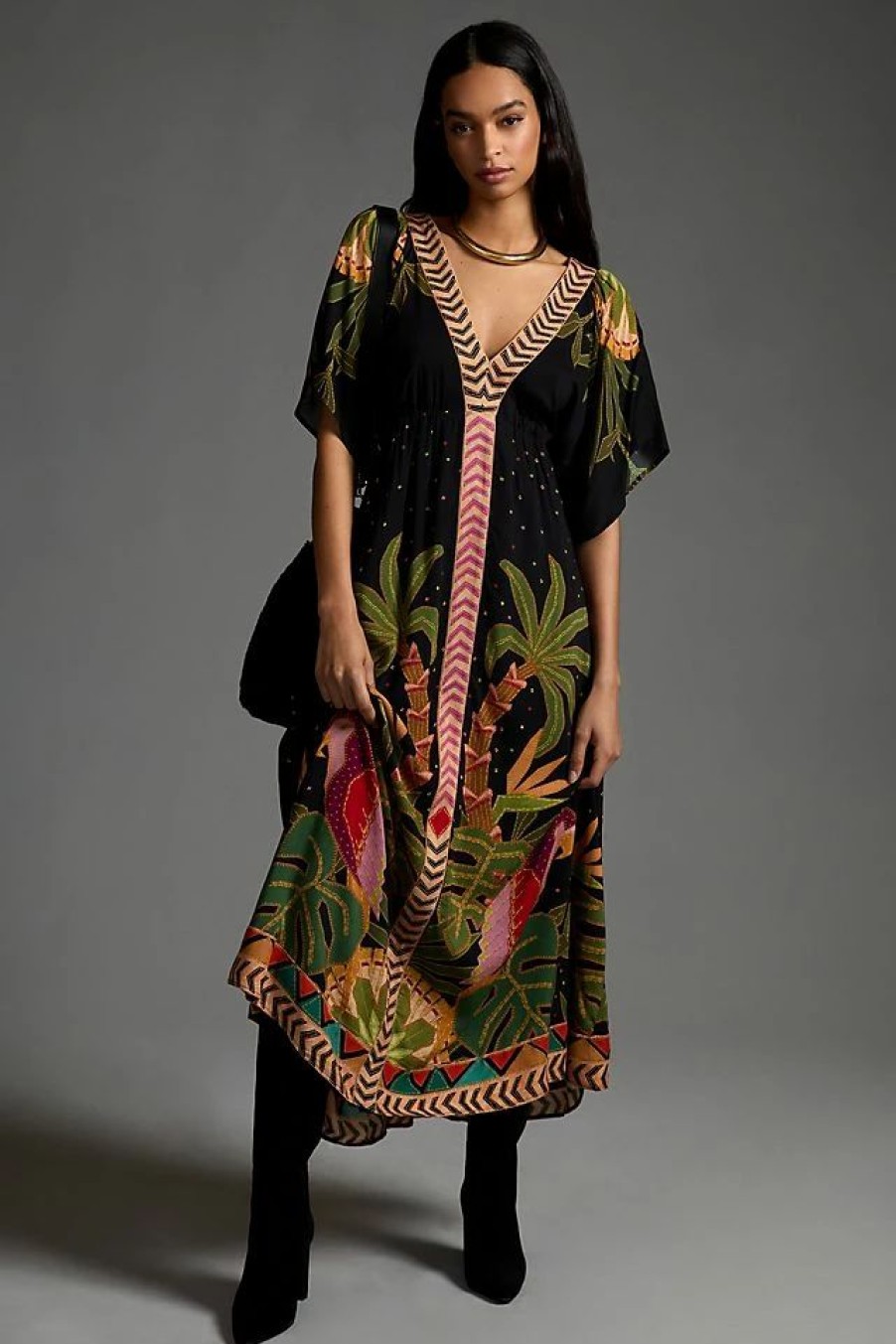 * Best Deal Farm Rio Farm X Anthropologie Printed V-Neck Maxi Dress Black Motif | Vacation Dresses