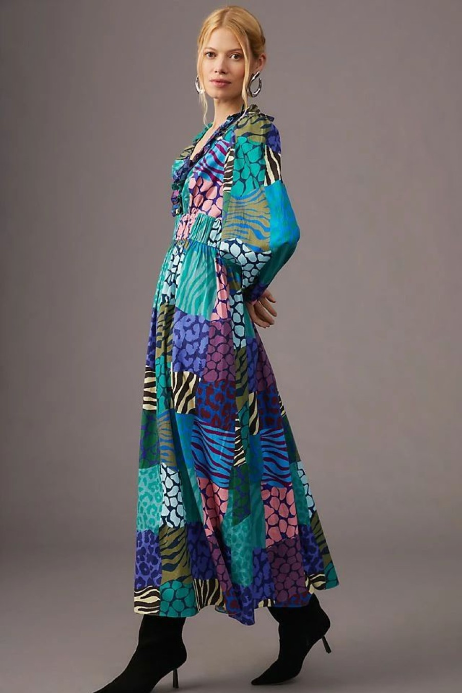 * Outlet Geisha Designs Long-Sleeve Printed Maxi Dress Blue Motif | Vacation Dresses