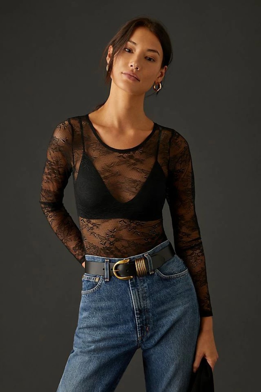 * Hot Sale By Anthropologie Lace Bodysuit Black | Bodysuits