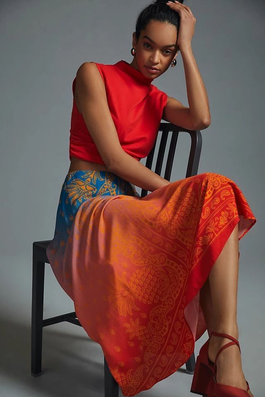 * Deals Farm Rio Satin-Slip Midi Skirt Orange | Beach Bottoms