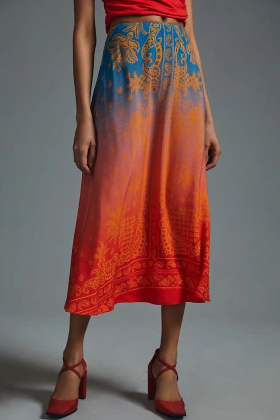 * Deals Farm Rio Satin-Slip Midi Skirt Orange | Beach Bottoms